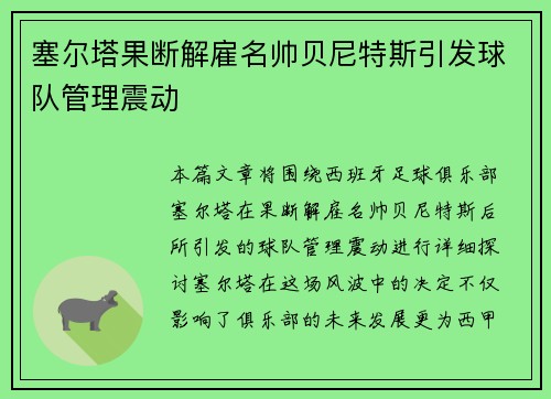 塞尔塔果断解雇名帅贝尼特斯引发球队管理震动 塞尔塔果断解雇名帅贝尼特斯引发球队管理震动